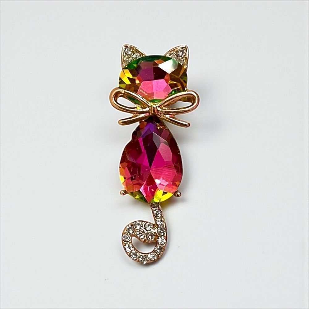 Pink Iridescent Crystal Cat Gold Brooch